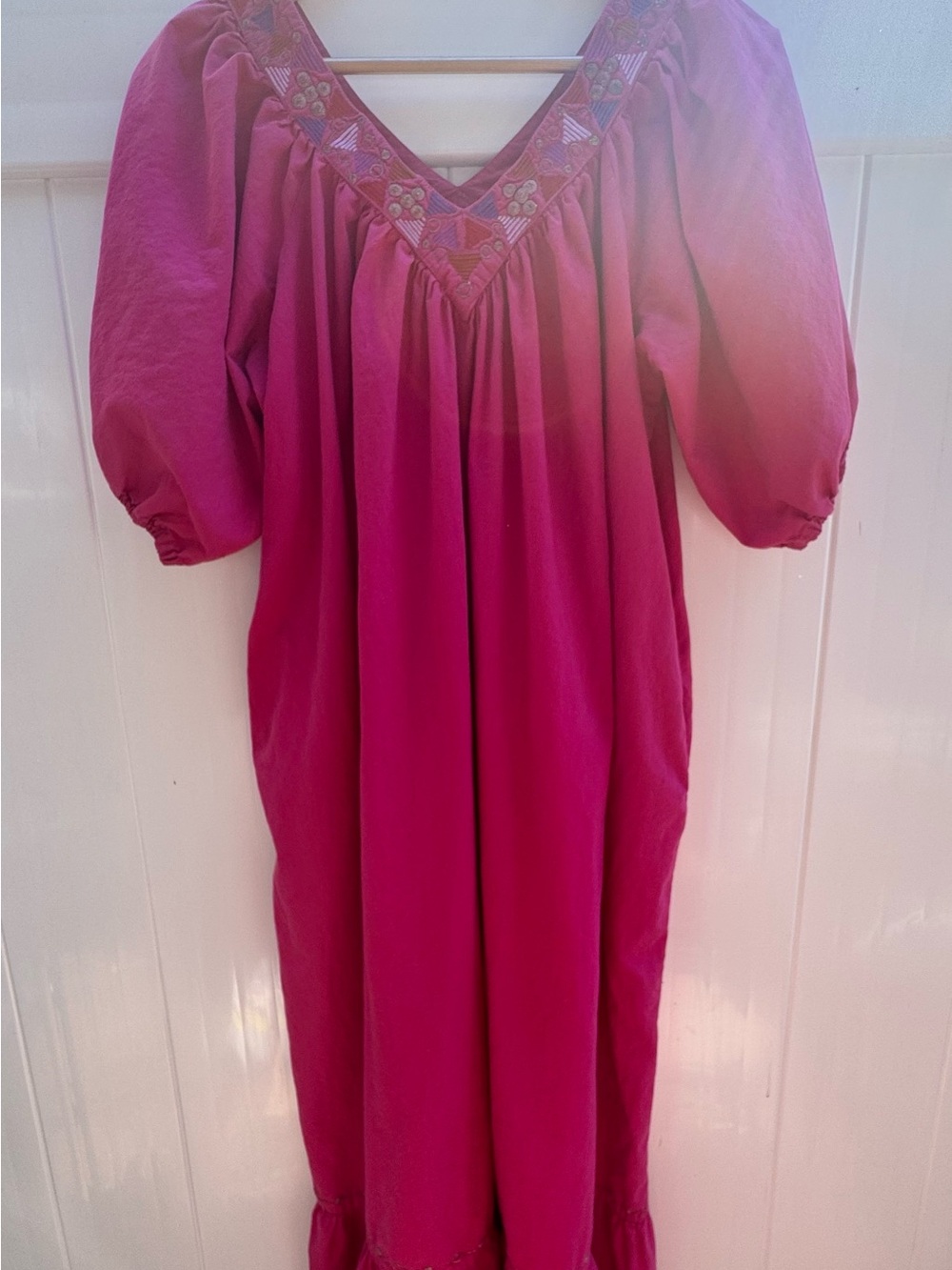 Fuchsia Pink Embroidered V-Neck Maxi Dress, Cotton, made in India vintage